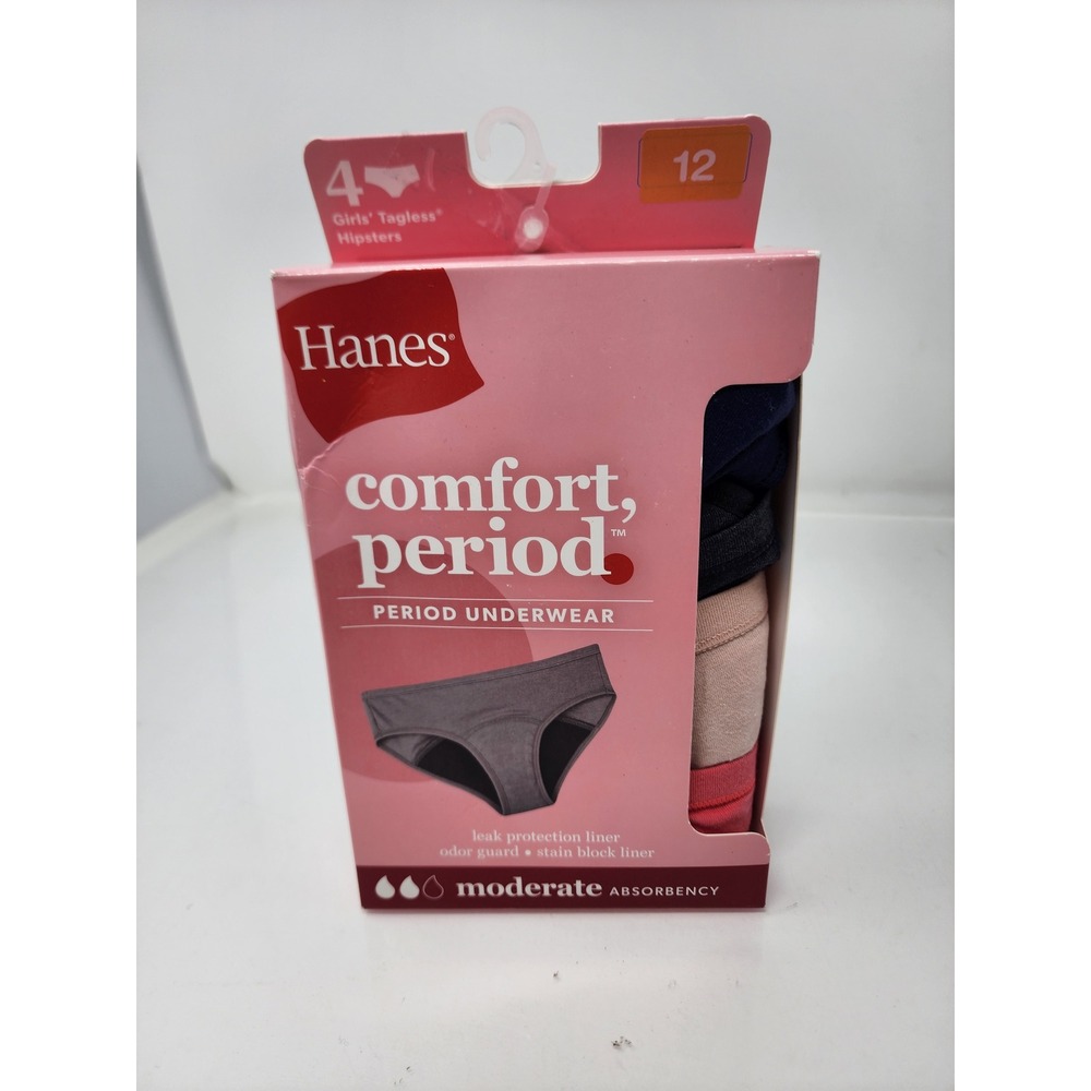 Hanes Girls Comfort Period Hipsters Underwear Multicolor Cotton Blend Size 12